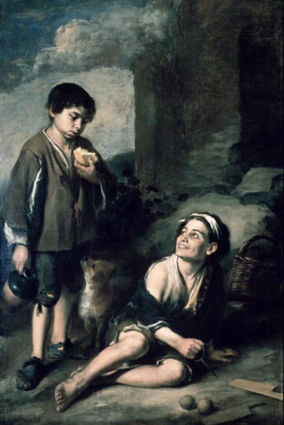 Murillo, Bartolome Esteban. Two peasant Boys. Oil, Canvas, 164.9×110.5 cm. Dulwich Picture Gallery, London, UK. Dated c.1670.