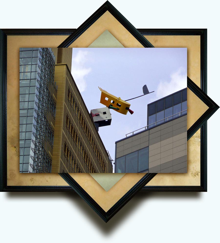 Auke de Vries (b. 1937 in Dutch). Gelandet (Landed). 2001–2002. Bemalter Stahl. Detail of Debis Tower structure at the Potsdamer Platz in Berlin, Germany. http://www.flickr.com/photos/polbar42/3599309051/