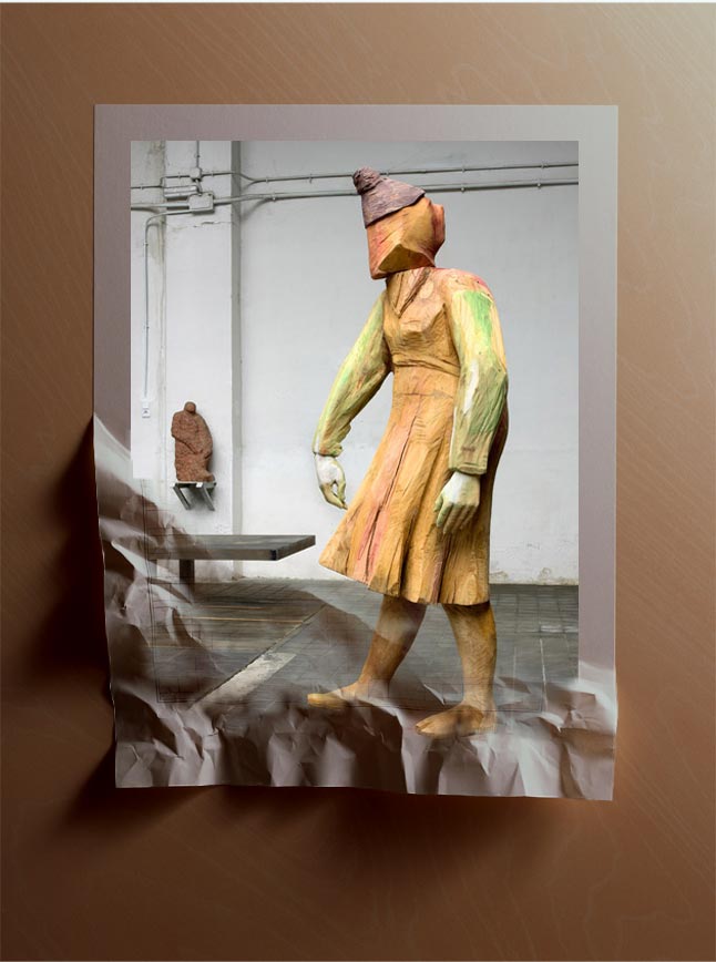 Francisco Leiro Lois (b. 1957 in Cambados, Pontevedra, España). Faldita (Short Skirt / ). 2010. Madera de castaño (Chestnut Wood /  ). 235×85×73 cm. Exhibited «Francisco Leiro: Escultura» in Marlborough Gallery, Madrid (october – december 2010).