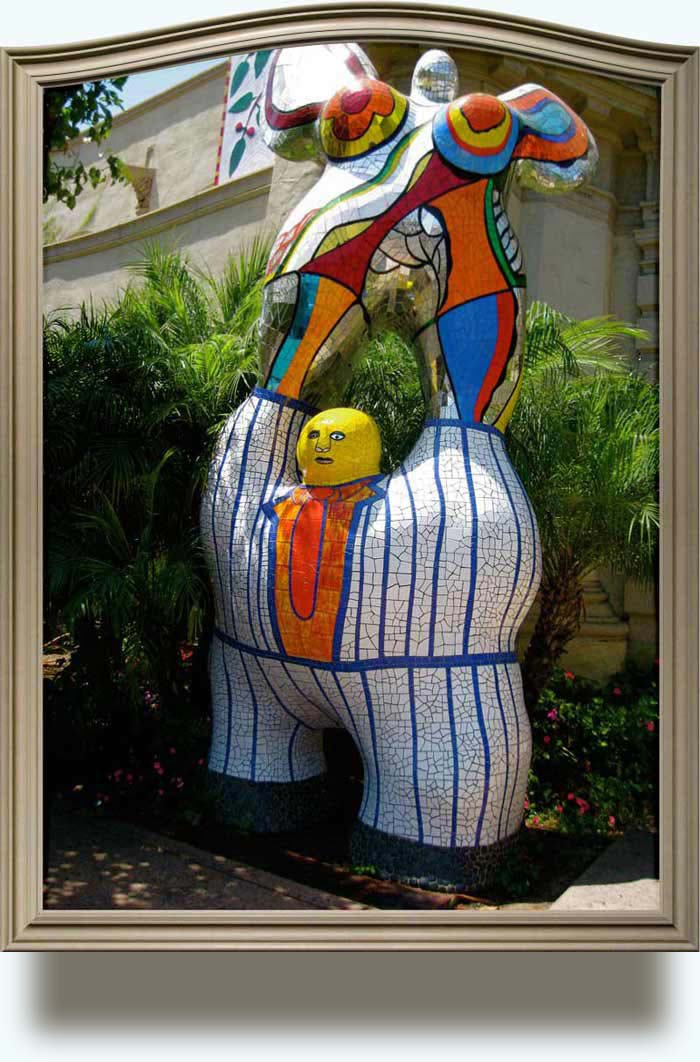 Niki de Saint Phalle, born Catherine-Marie-Agnès Fal de Saint Phalle (1930–2002). Poet and Muse. 1998. Glass, mirror, stones and polyester. In front of the Mengei International Museum of Folk Art in Balboa Park in San Diego, California.