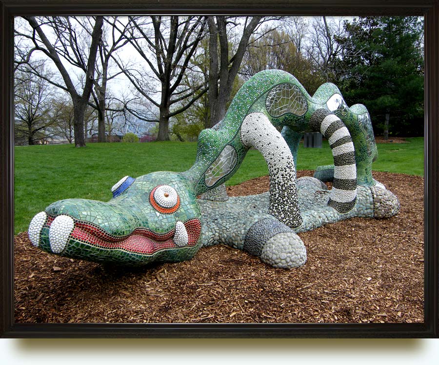 Niki de Saint Phalle, christened Catherine-Marie-Agnès Fal de Saint Phalle (1930–2002). Nikigator. 2001. Fiberglass, resin, mirror, glass pebbles, ceramic tile, tumbled stone. 84×300×96 in. Located inShaw (adjacent to the Missouri Botanical Garden, and named after its founder, Henry Shaw),St. Louis,MO,US.