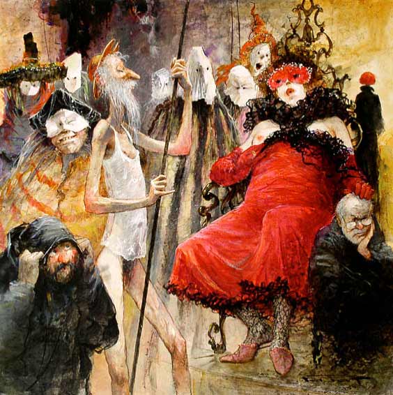 Marcel Nino Pajot. Don Quichotte — Mascarade. Oeuvre sur papier. 58×58.   http://marcel-pajot.com/ninopajot/donquichottepage6.html
