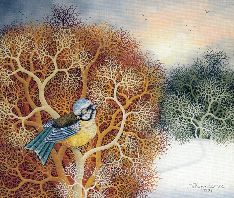 M. Kopričanec (. 1943). Ptica koja spava. 1998. Ulje na staklu. 35×40 cm