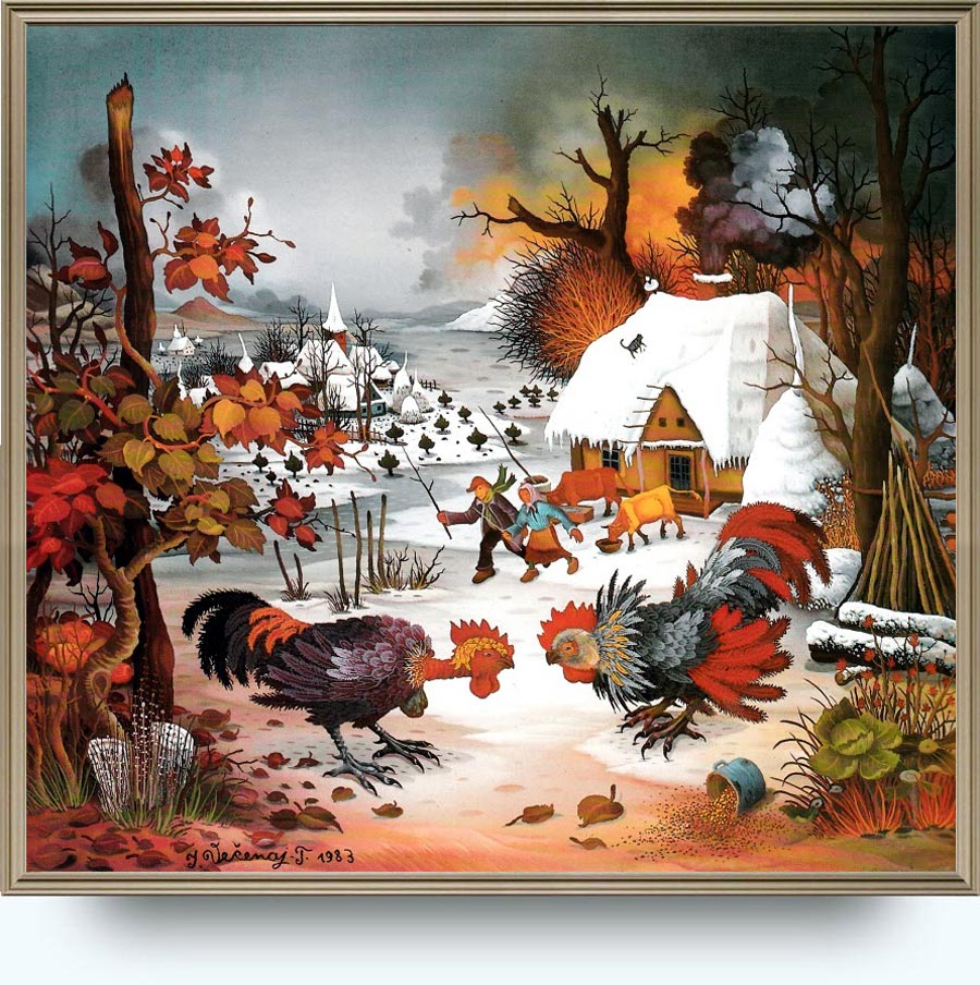 Ivan Večenaj Tišlarov (1920–2013).  Borba petlova. Ulje na staklu. 1983.