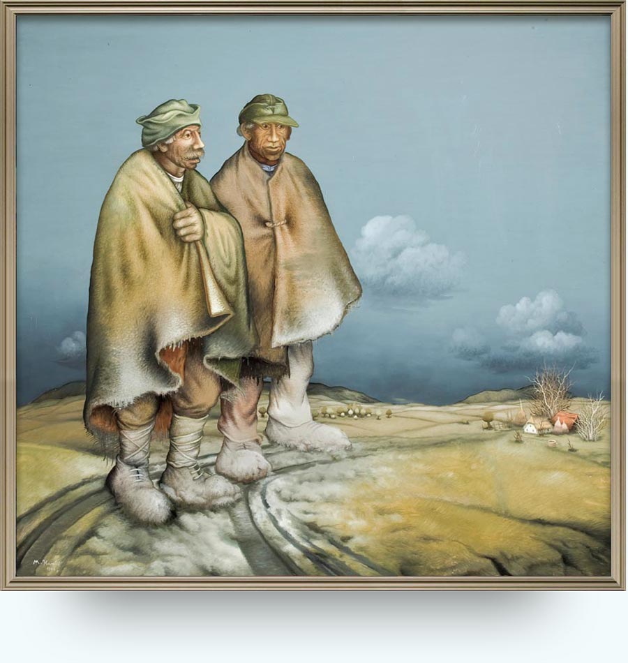 Mijo Kovačić (. 1935). Graničari. 1986. Ulje na staklu. 117×129 cm.