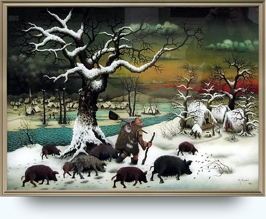 Mijo Kovačić (род. 1935). Svinar zimi. Ulje na staklu