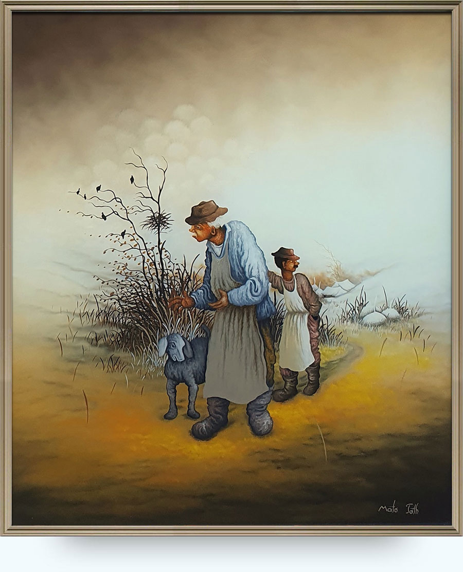 Mato Toth (1954–2018). Muškarci i pas. Ulje na staklu. 35×30 cm.