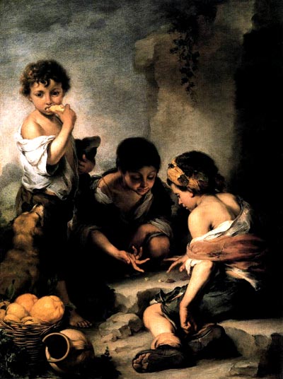 Murillo, Bartolome Esteban. Young Boys Playing Dice c. 1675. Oil on canvas, 145×108 cm. Alte Pinakothek, Münich