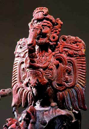 Maya Ceramic. Early Classic double vessel with the Hero Twin Hunahpu' shooting at Vucub Caquix with his blowgun