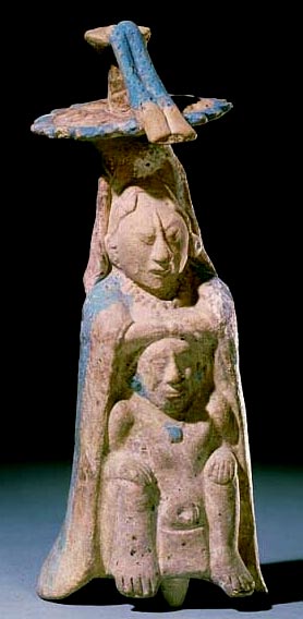 Maya Jaina. Woman wearing broad brimmed hat being carried by bearer