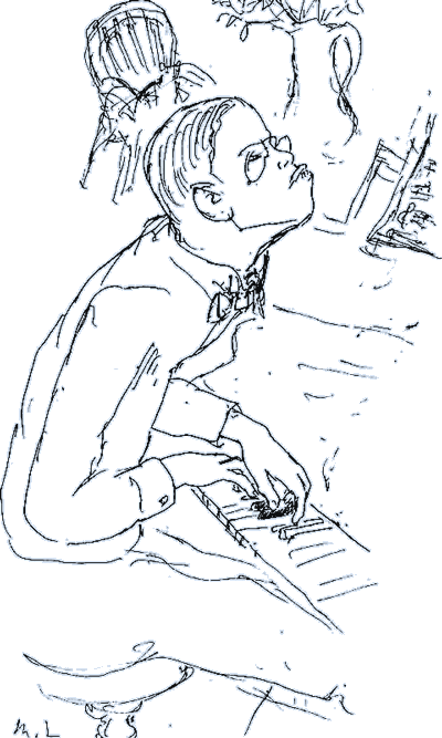 Michel Larionov (1881–1964). Prokofiev au piano 1921. Dessin à la plume et encre de Chine. 39×20 cm