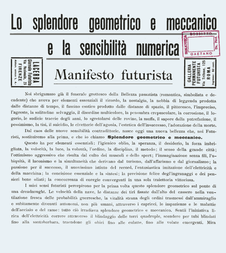 Lo splendore geometrico e meccanico ela sensibilità numerica. Manifesto futurista, 11 March 1914.