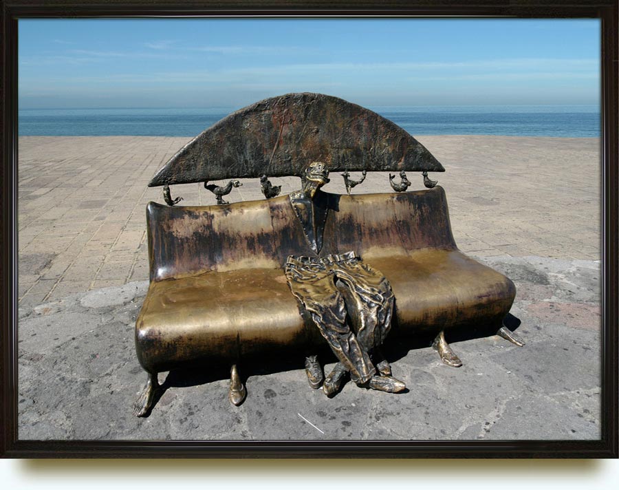 Alejandro Colunga (b. 1948 in Guadalajara, Jalisco, Mexico). One of bronze benches (Sculptural group «La Noche de Los Magos») in the Hospico Plaza fronting the Cabañas Cultural Institute, Guadalajara, Jalisco, Mexico. 2001. Bronze.