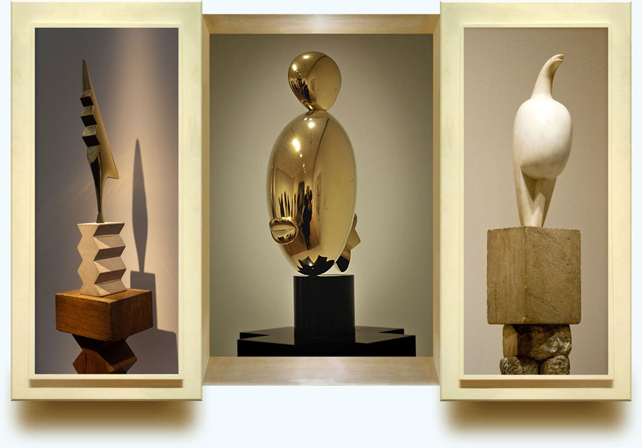 Constantin Brancusi, French (born Romania), 1876–1957. Center: La Négresse blonde (The Blonde Negress) 1926. Left: Le Coq. Musée Pompidou-Metz. Right: Maiastra. 1912 (?) Collection of the Museum of Modern Art in New York City.