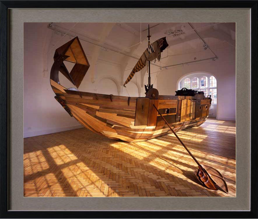 Brian Griffiths (b. 1968 in in Stratford-Upon-Avon, UK). Beneath the Stride of Giants. 2004. Wood. Length 12m (36ft) Width 2.5m (8ft) Hull Height 2.5m (8ft). Floor to mast height 6m (20ft) Stern Height 3.8m (12ft).