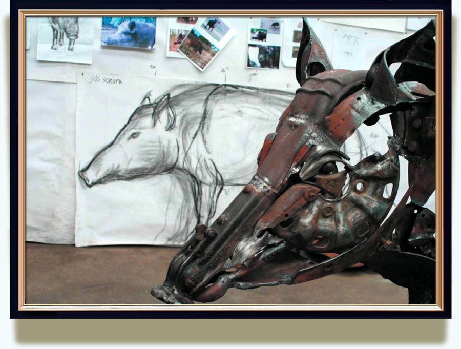 Helen Denerley (b. 1956 in Midlothian, Scotland. Now living in Strathdon, Aberdeenshire, Scotland). Boar. 2010. Scrap and re-cycled metal. Life size. Taken in the artist’s studio. From the brochure «Helen Denerley: selected work from 1997–2010».