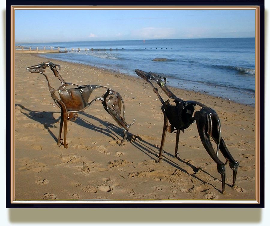 Helen Denerley (b. 1956 in Midlothian, Scotland. Now living in Strathdon, Aberdeenshire, Scotland). Smokie and Kipper. Scrap and re-cycled metal. Life size. 1998. Photographed on Aberdeen beech.