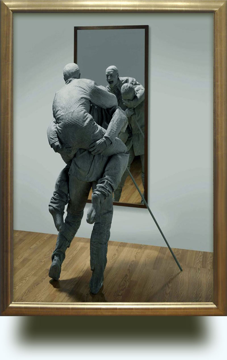 Juan Munoz (1953–2001). A Caballito frente al Espejo (Piggy-Back). 1997. Polyester resin and mirror. Private Collection.