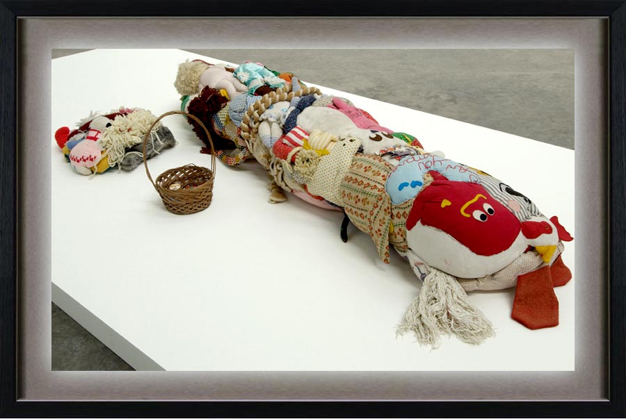 Mike Kelley (b. 1954 in Detroit. Lives and works in Los Angeles). Frankenstein 1989. Sewn, stuffed animals, basket with spools of thread, pincushion, felt. In 3 parts. 31×198.1×71.1 cm. http://www.initialaccess.co.uk/artist.php?aid=42&id=8