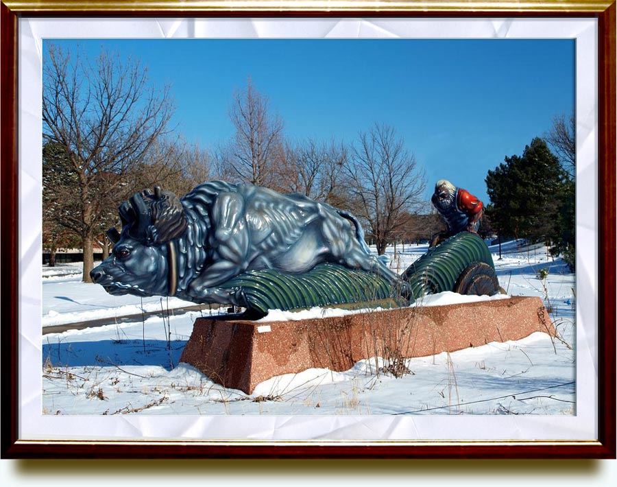 LuisAlfonso Jr.Jimenez(b. 1940 in El Paso, TX, US; d. 2006 in Hondo, NM, US). The Sodbuster, San Isidro. 1983. Polychrome fiberglass. Part of the Martin H. Bush Outdoor Sculpture Collection on the campus of Wichita State University. www.flickr.com/photos/historian77/4298323327/