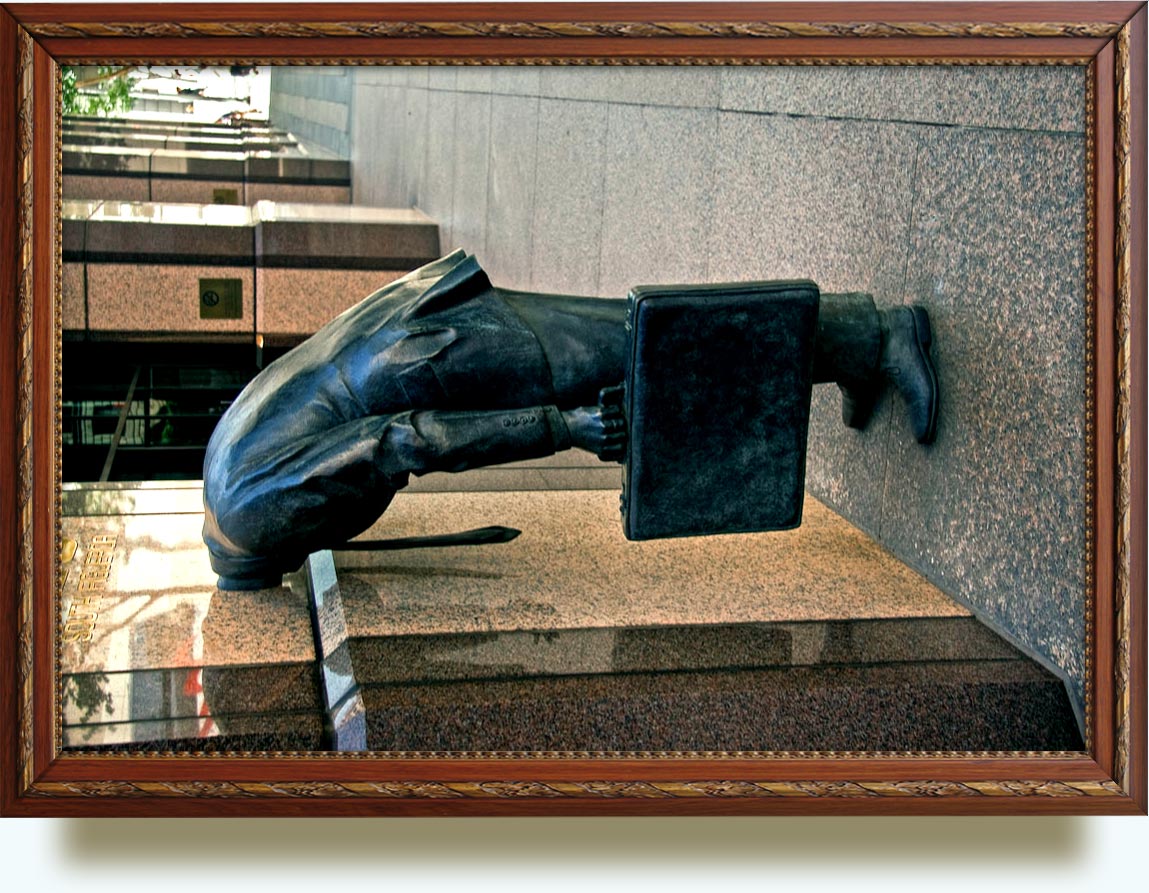 Terry Allen (b. 1943 in Wichita, Kansas). CorporateHead.1990. Bronze. 5′3″h × 2′1″w × 2′2″d. 725 South Figueroa Street (Poet’s Walk) inBunker Hill,Los Angeles,CA,US.