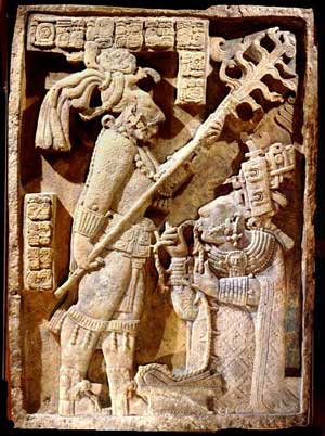 Maya Limestone Yaxchila’n Lintel 24 110.5×80.6×10.1 cm. Records a bloodletting ritual that took place on October 28, 709 AD. Shield Jaguar holds a torch as his wife Lady Xoc pulls a cord through her tongue. The British Museum, London. Published The Blood of Kings p. 187