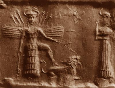 Ishtar, with her cult-animal the lion, and a worshipper, modern impression from a cylinder seal, c. 2300 BC; in the Oriental Institute, University of Chicago.