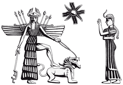 Ishtar, with her cult-animal the lion, and a worshipper, modern impression from a cylinder seal, c. 2300 BC; in the Oriental Institute, University of Chicago