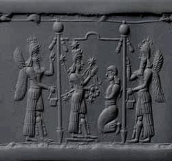 Cylinder seal showing the goddess Ishtar being worshipped under a canopy. She is usually shown with wings and archer's weapons, with one foot on the back of a lion. Neo-assyrian 8th-7th century B.C. northern Iraq, located in the Metropolitan Museum.