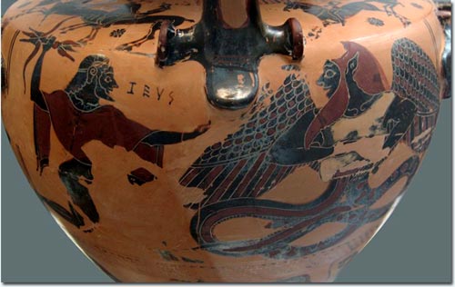 Zeus darting its lightning on Typhon. Side B from a Chalcidian black-figured hydria, ca. 550 BC. Inscription Painter. Height 46 cm. Staatliche Antikensammlungen, Munich, Germany. Borrowed: ————— http://en.wikipedia.org/wiki/File:Zeus_Typhon_Staatliche_Antikensammlungen_596.jpg