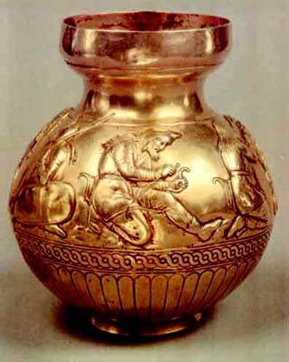 Scythian Gold Vessel with Relief Decoration Depicting Scenes of Scythian Life. Gold, 400–350 B.C.E. Kul Oba burial mound, Bosporan Kingdom, Kerch.    - (IV .  ..) .  13 .   1830 .     .    .  : ————— http://www.hermitagemuseum.org/html_En/04/b2003/hm4_1_07_4.html