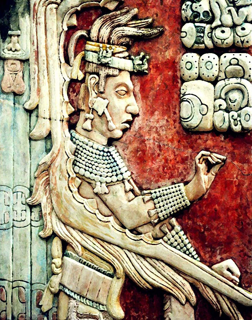 Palenque, Mexico. Pilar decorado del templo XIX. Preste atención de la frente