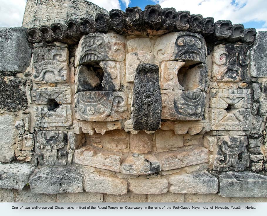 One of two well-preserved Chaac masks in front of the Round Temple or Observatory in the ruins of the Post-Classic Mayan city of Mayapan, Yucatan, Mexico.