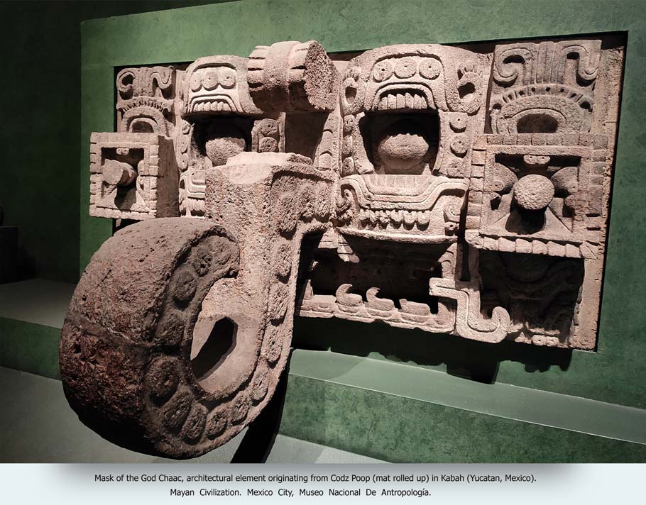 Mask of the God Chaac, architectural element originating from Codz Poop (mat rolled up) in Kabah (Yucatan, Mexico). Mayan  Civilization.  Mexico  City,  Museo  Nacional  De  Antropología.