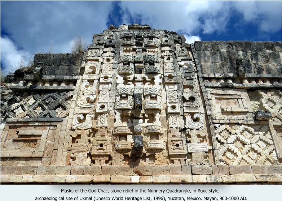 Masks of the God Chac, stone relief in the Nunnery Quadrangle, in Puuc style, archaeological site of Uxmal (Unesco World Heritage List, 1996), Yucatan, Mexico. Mayan, 900-1000 AD.