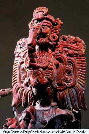 Maya Ceramic. Early Classic double vessel with the Hero Twin Hunahpu' shooting at Vucub Caquix with his blowgun