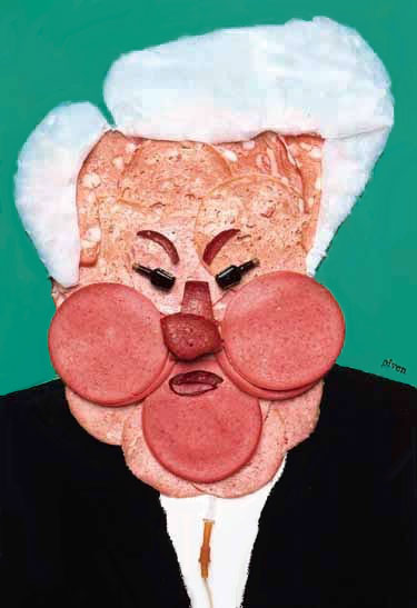 Hanoch Piven (b. 1963). Illustration of Boris Yeltsin for Haaretz, 2000. Using bologna and liquor bottles. http://www.pivenworld.com/boris-yeltsin/illustration